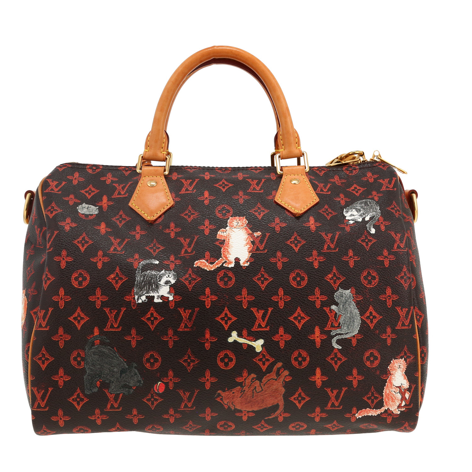 Bolso de mano Louis Vuitton  Speedy Editions Limitées Grace Coddington en lona Monogram negra y roja y cuero natural - Detail D4