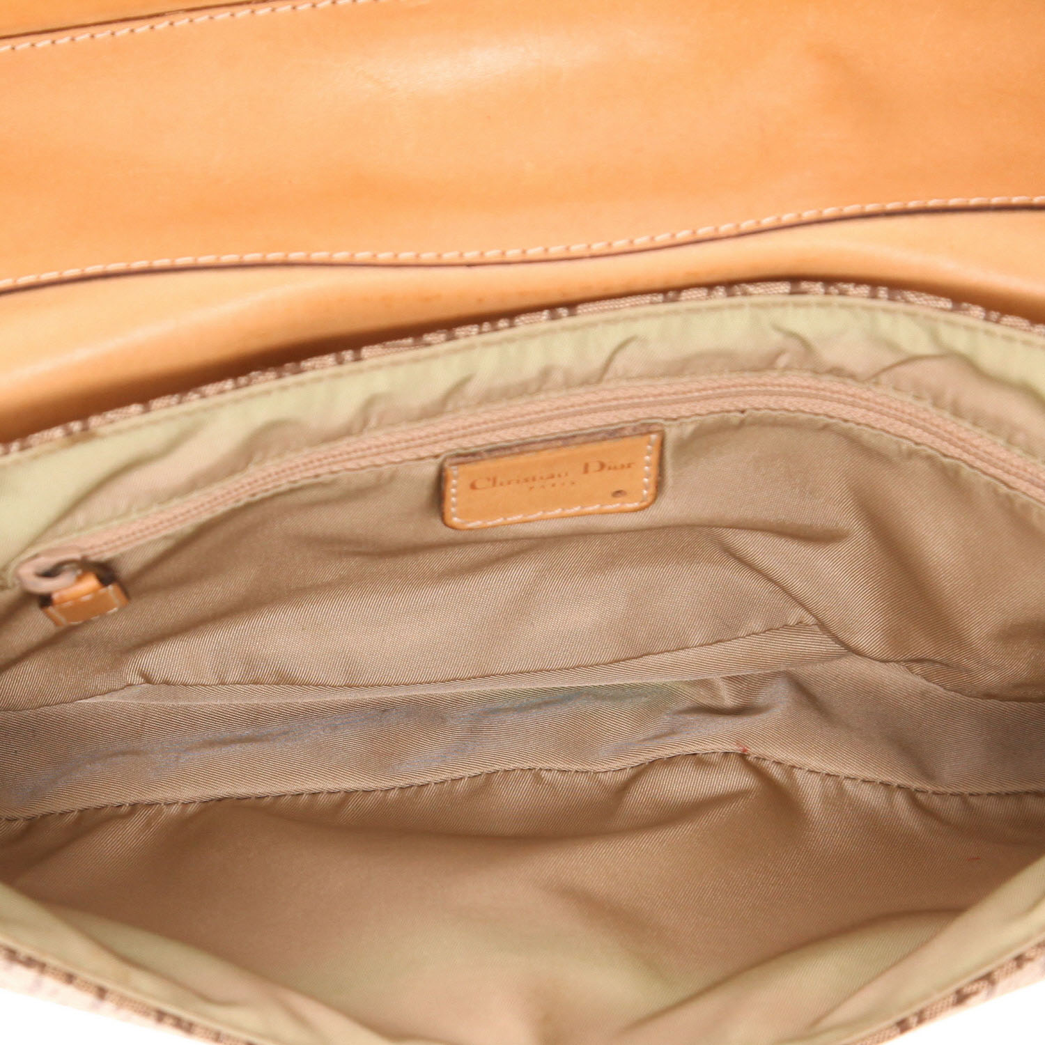 Dior Colombus handbag in beige monogram canvas Oblique and brown leather - Detail D3