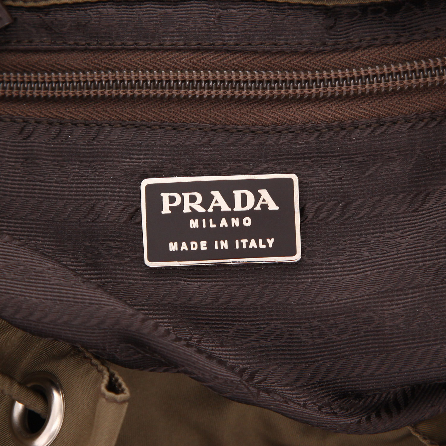 Prada backpack in khaki canvas and khaki leather - Detail D2