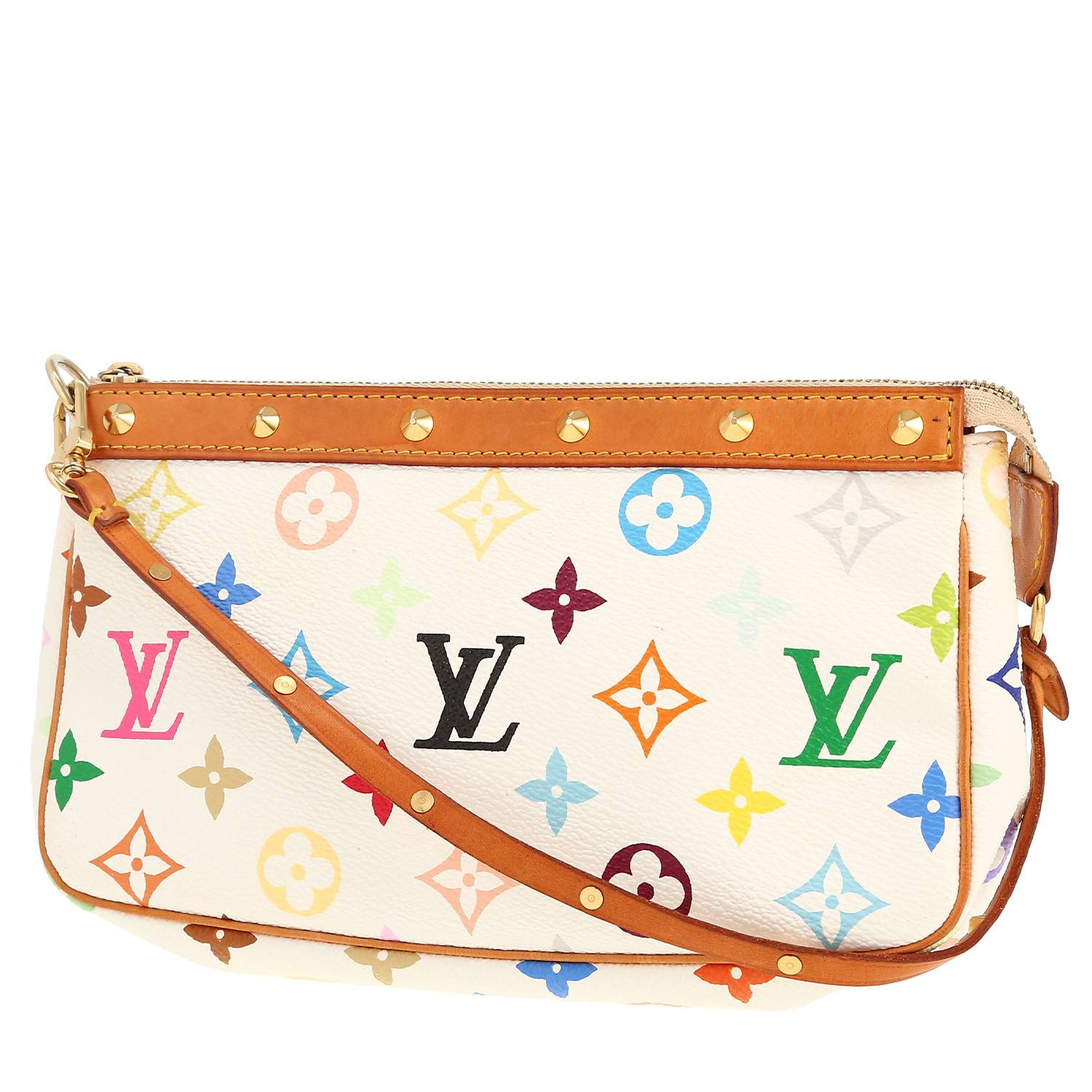 Borsa Louis Vuitton  Pochette accessoires in tela monogram bianca e multicolore e pelle naturale