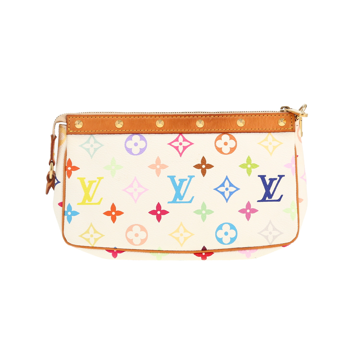 Bolso de mano Louis Vuitton  Pochette accessoires en lona Monogram blanca y multicolor y cuero natural - Detail D4