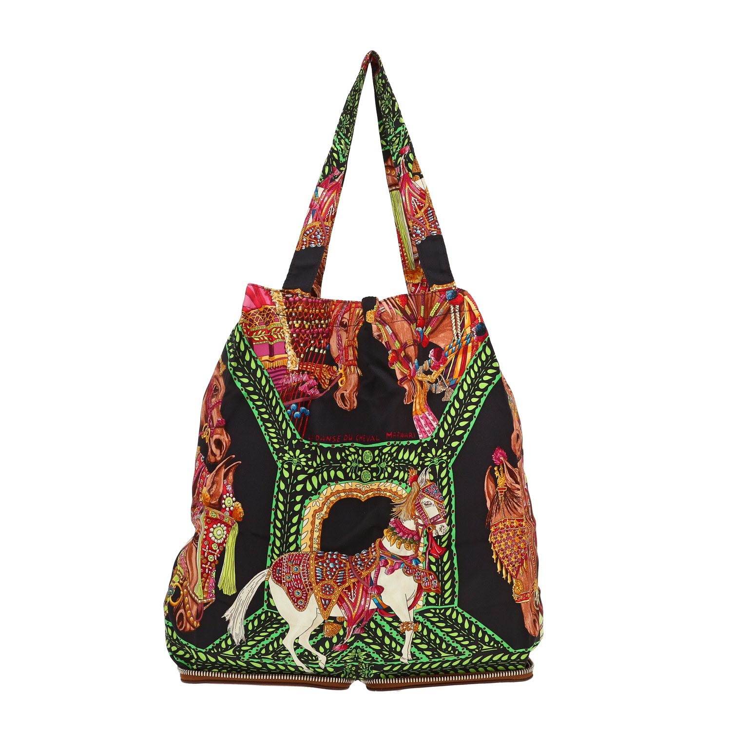 Sac cabas Hermès  Silky Pop - Shop Bag en toile imprimée noire et cuir grainé marron - Detail D4