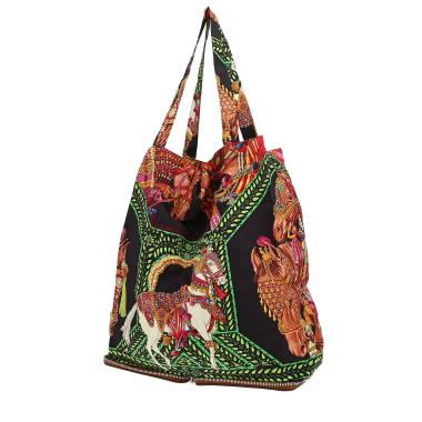 Sac cabas Hermès  Silky Pop - Shop Bag en toile imprimée noire et cuir grainé marron