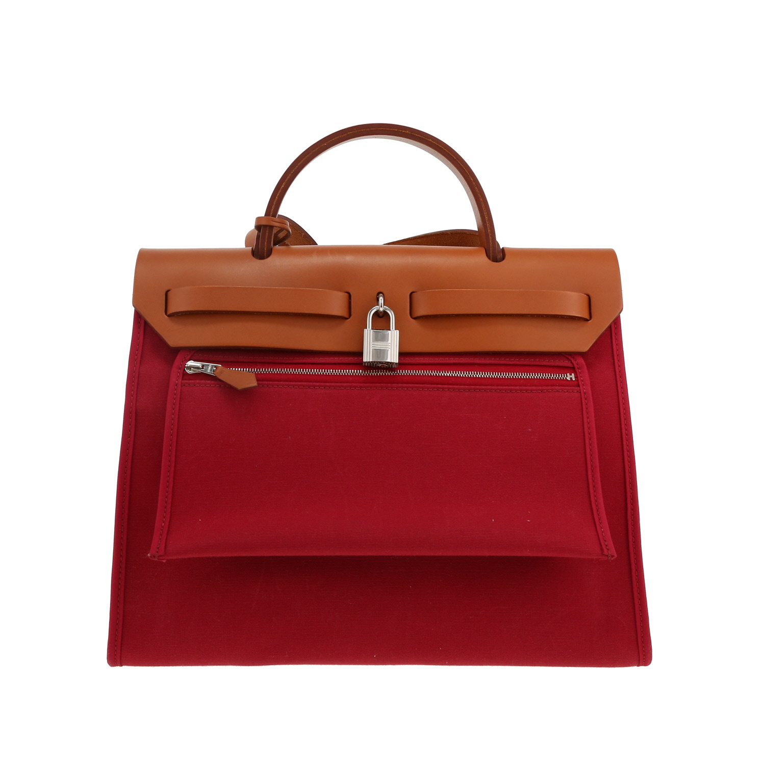 Hermès  Herbag bag worn on the shoulder or carried in the hand  in red canvas  and brown leather - Detail D4