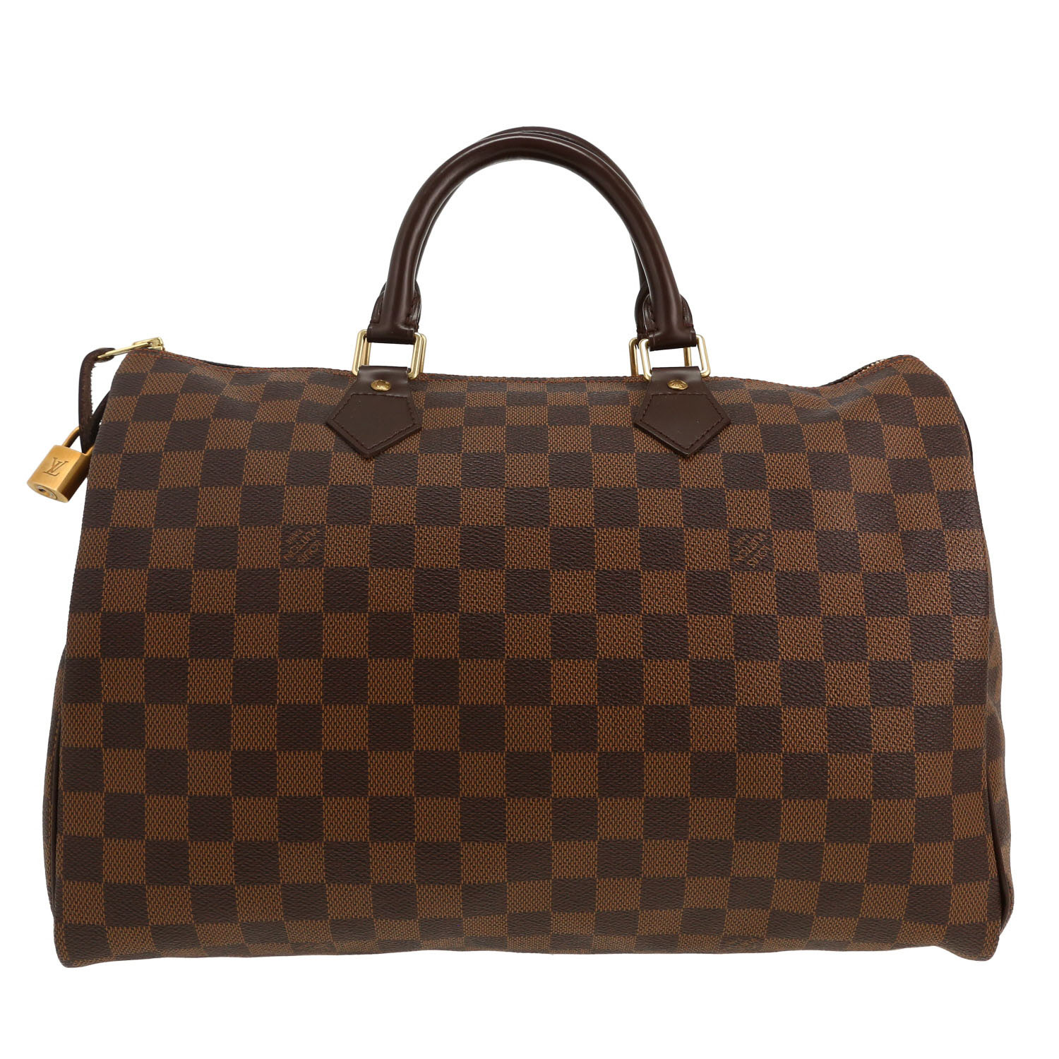 Louis Vuitton  Speedy 35 handbag  in ebene damier canvas  and brown leather - Detail D4