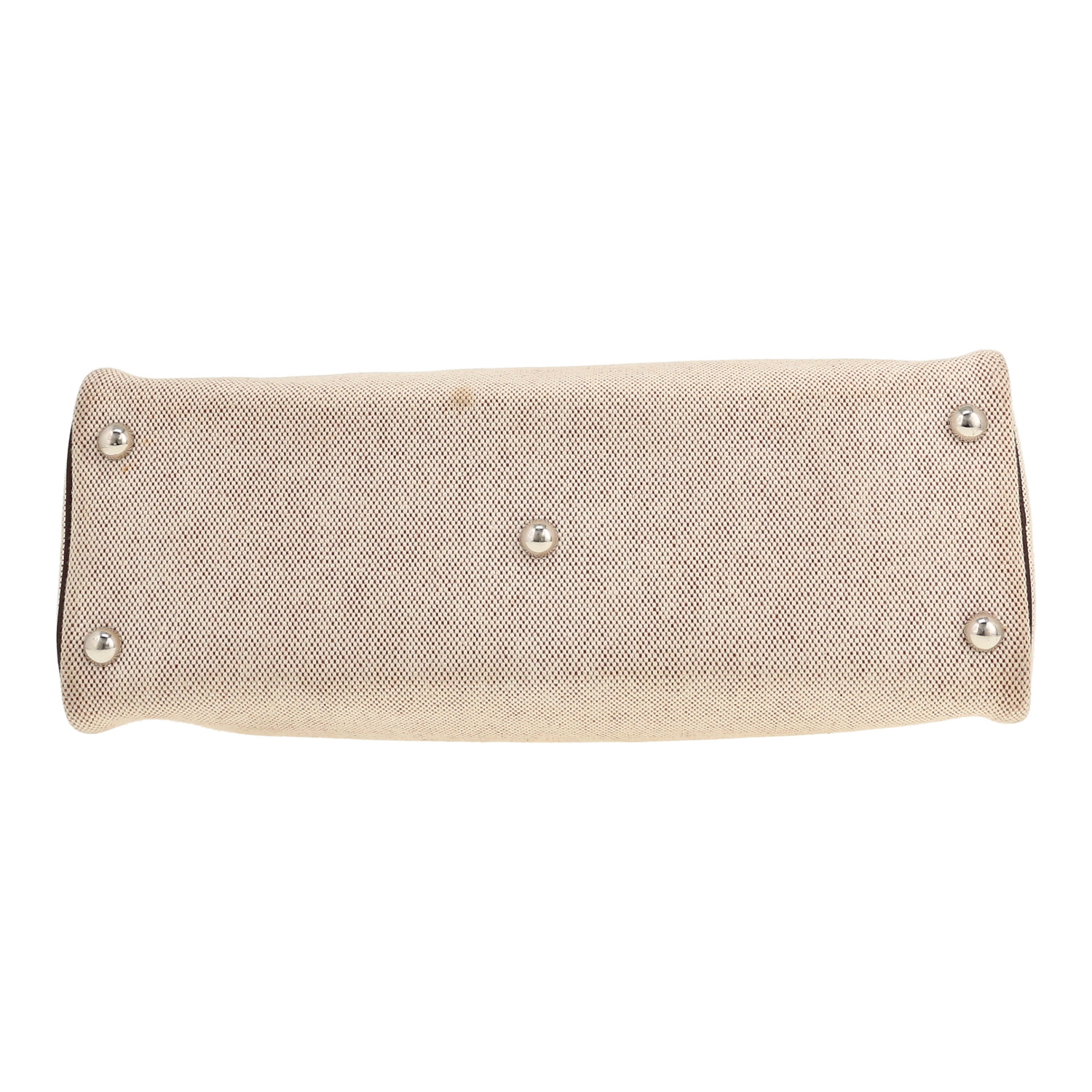 Bolso de mano Hermès Heeboo en lona beige y cuero marrón - Detail D1