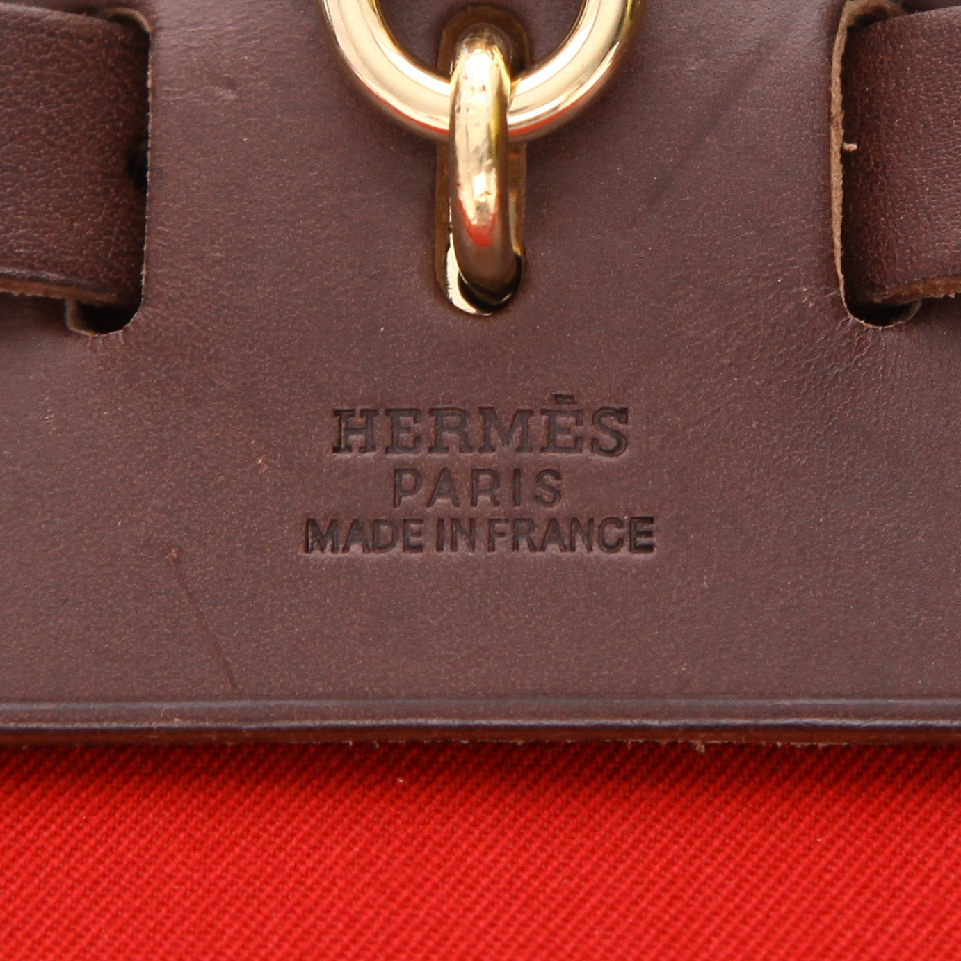 Hermès Herbag - Backpack backpack in red canvas and brown leather - Detail D2