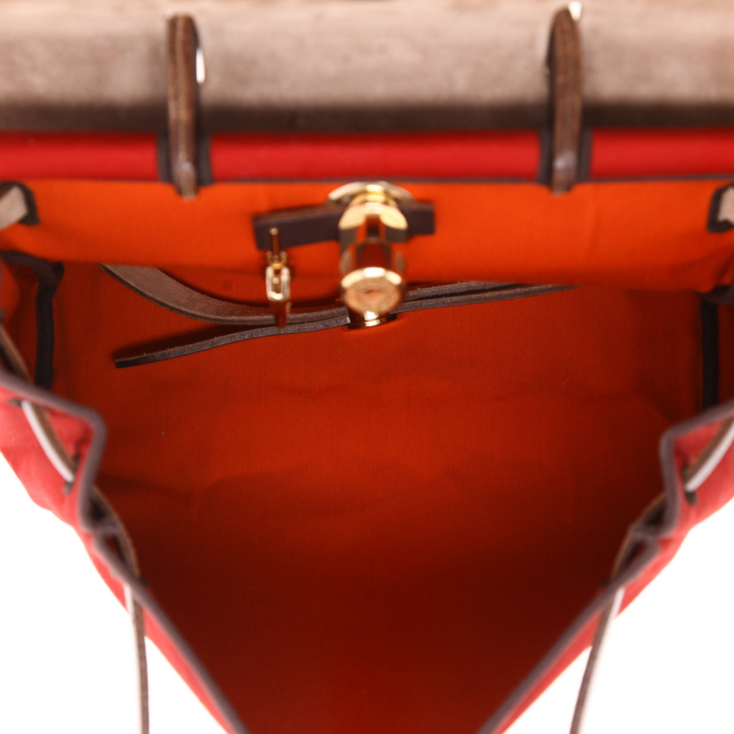Hermès Herbag - Backpack backpack in red canvas and brown leather - Detail D3