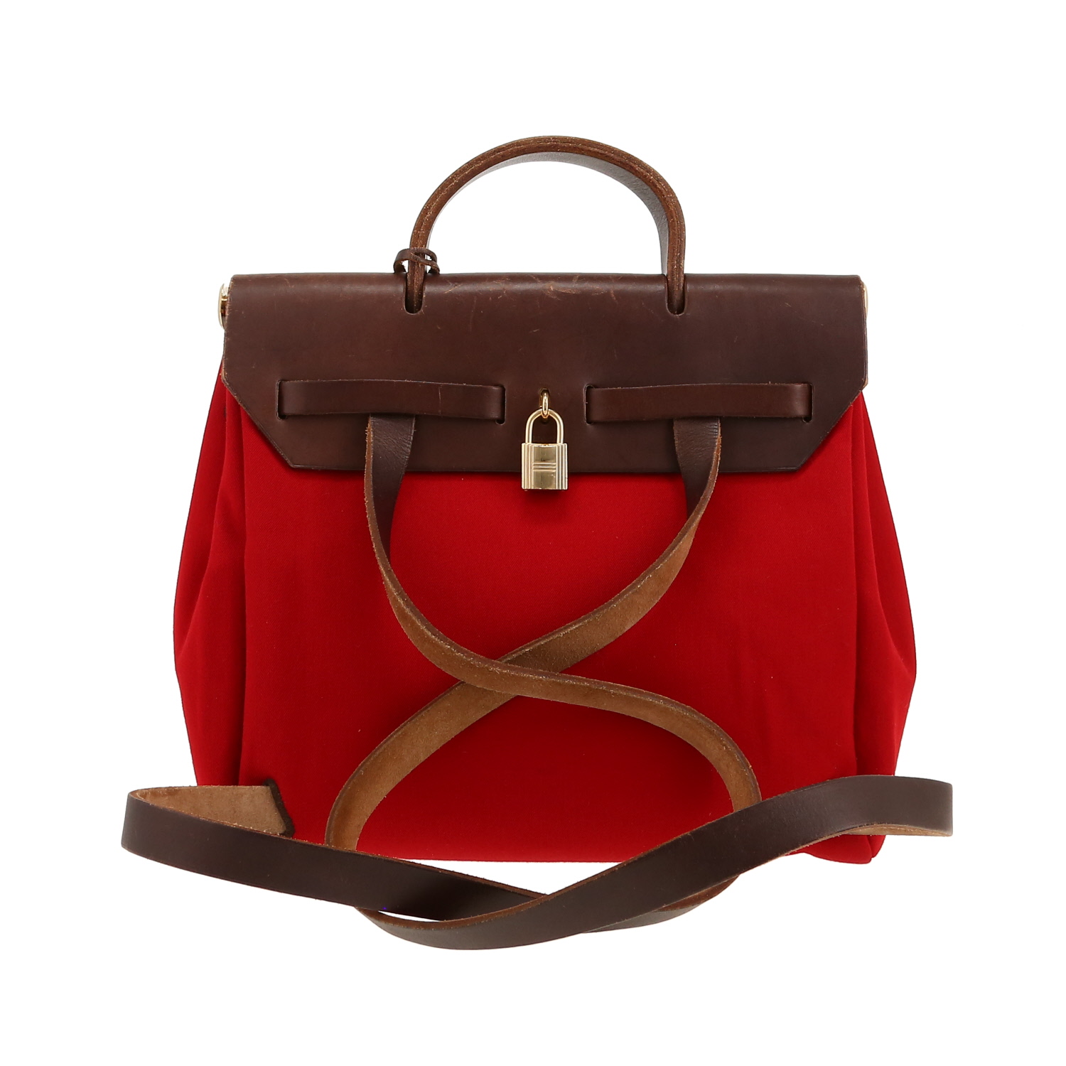 Hermès Herbag - Backpack backpack in red canvas and brown leather - Detail D4