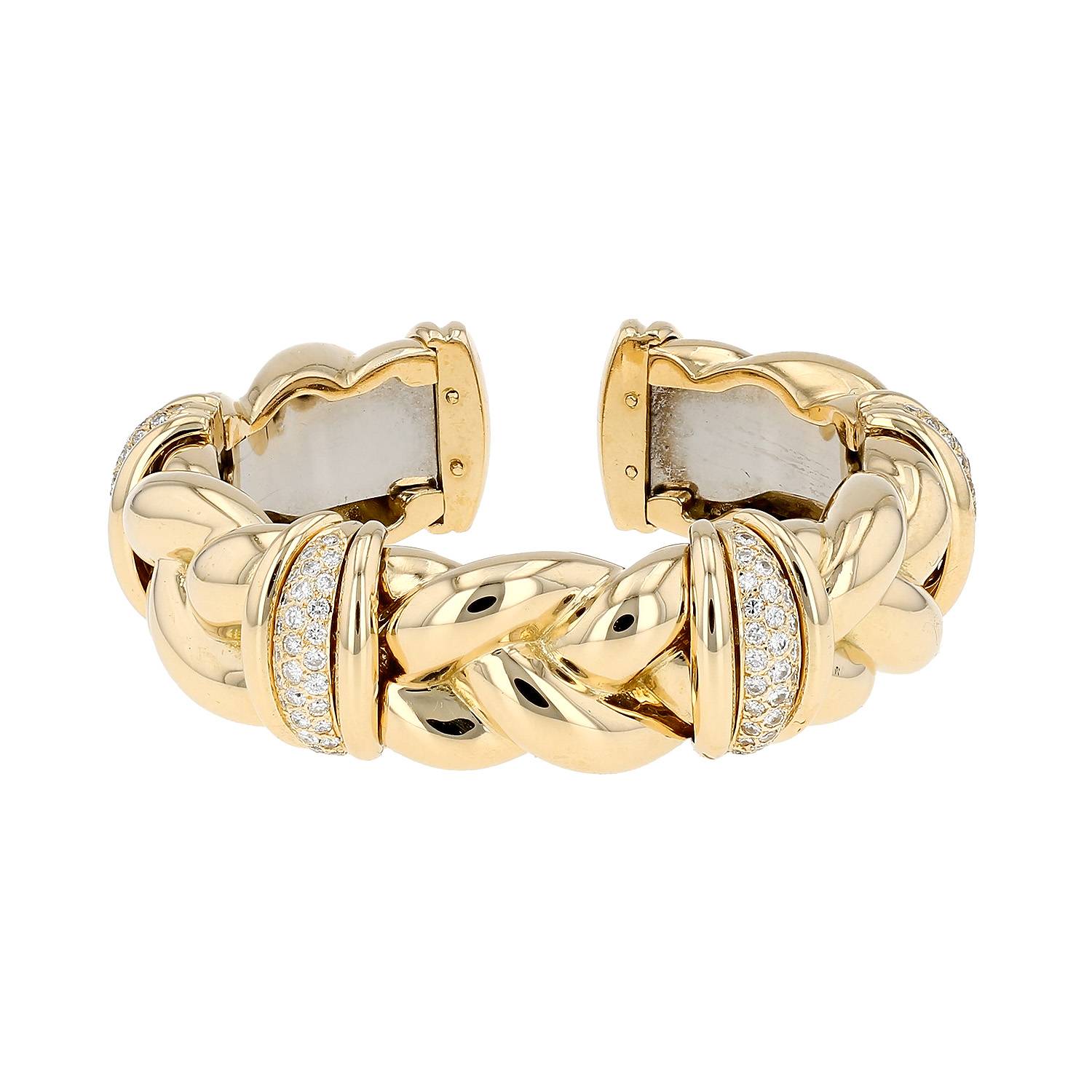 Bracelet semi-rigide ouvert Vintage  en or jaune, acier et diamants - 00pp