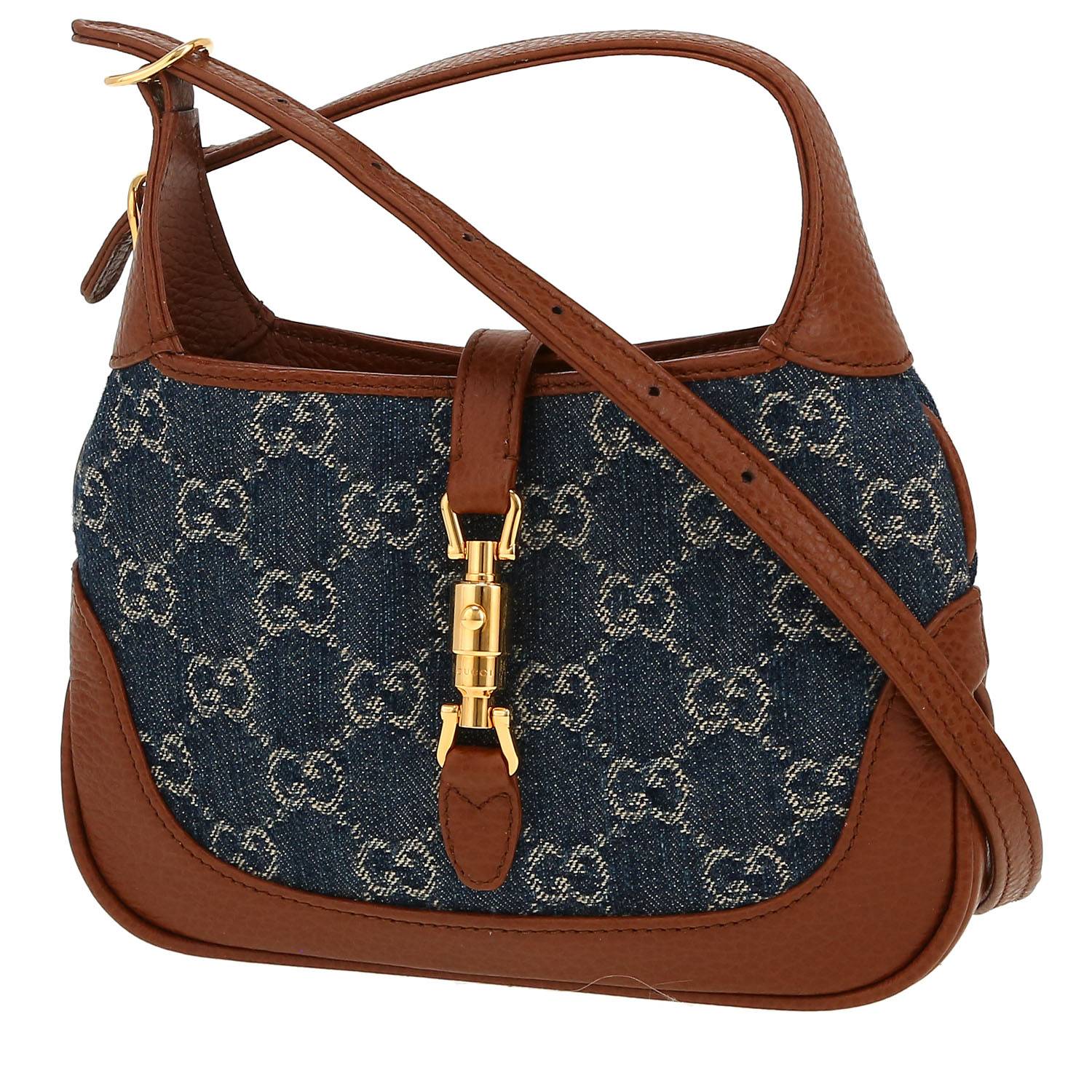 Gucci  Jackie mini  shoulder bag  in blue monogram denim canvas  and brown leather