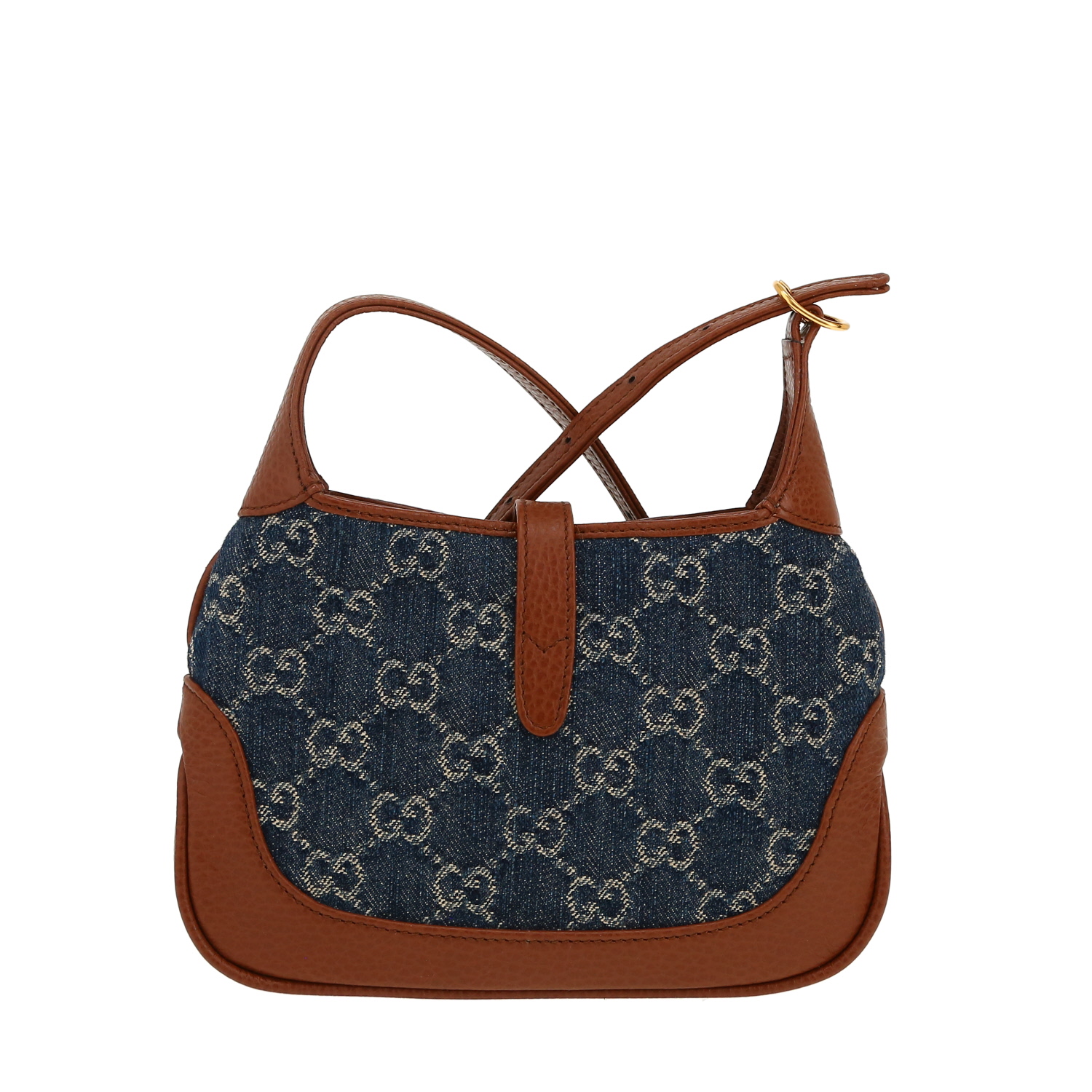 Sac bandoulière Gucci  Jackie mini  en toile denim monogrammée bleue et cuir marron - Detail D4