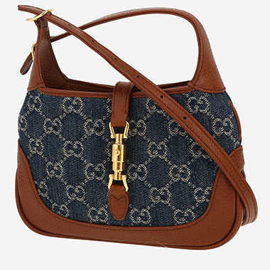 Sac bandoulière Gucci  Jackie mini  en toile denim monogrammée bleue et cuir marron