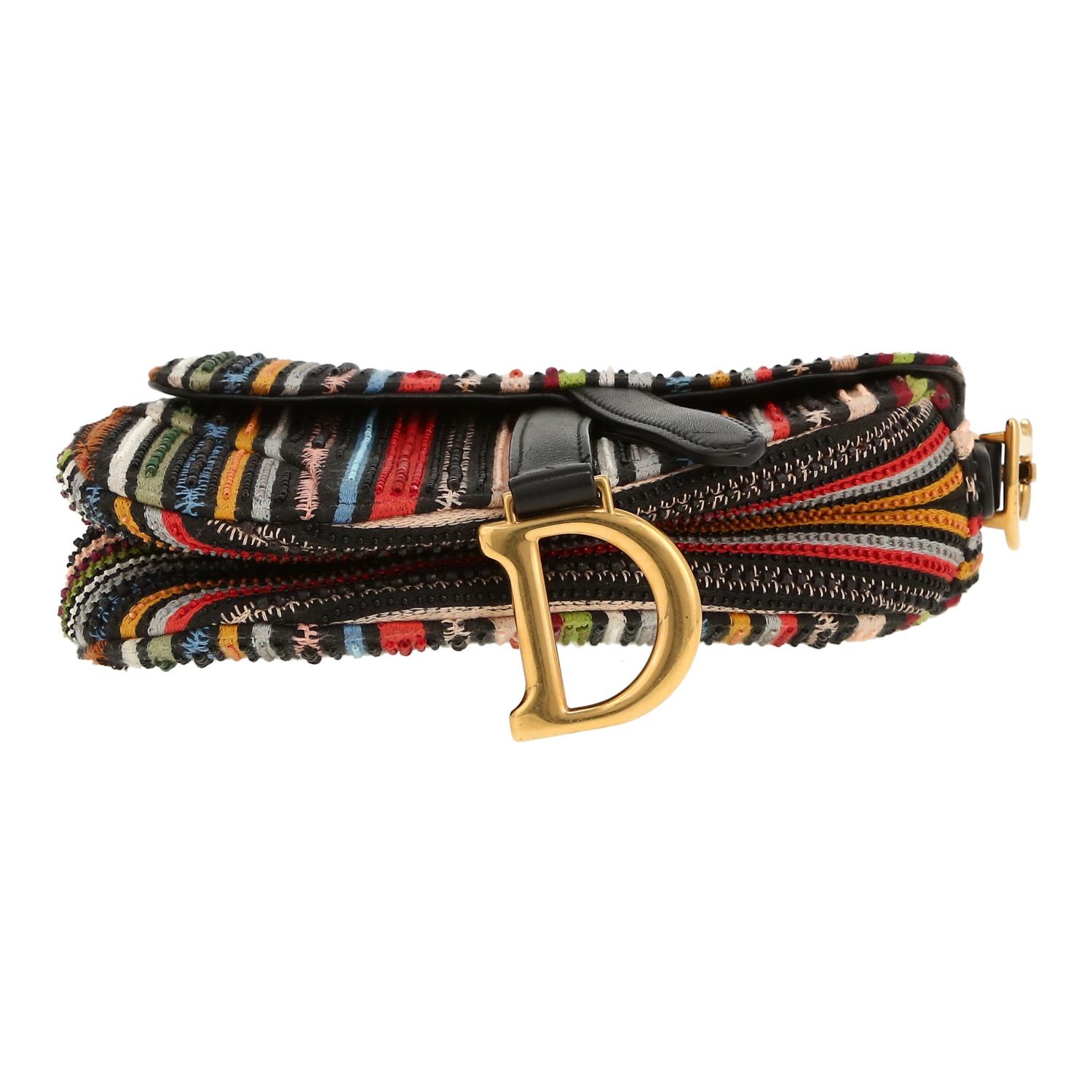 Dior  Saddle handbag  in black leather  and multicolor canvas - Detail D1