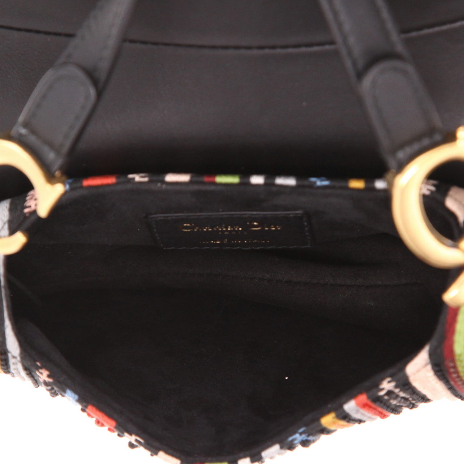 Dior  Saddle handbag  in black leather  and multicolor canvas - Detail D3