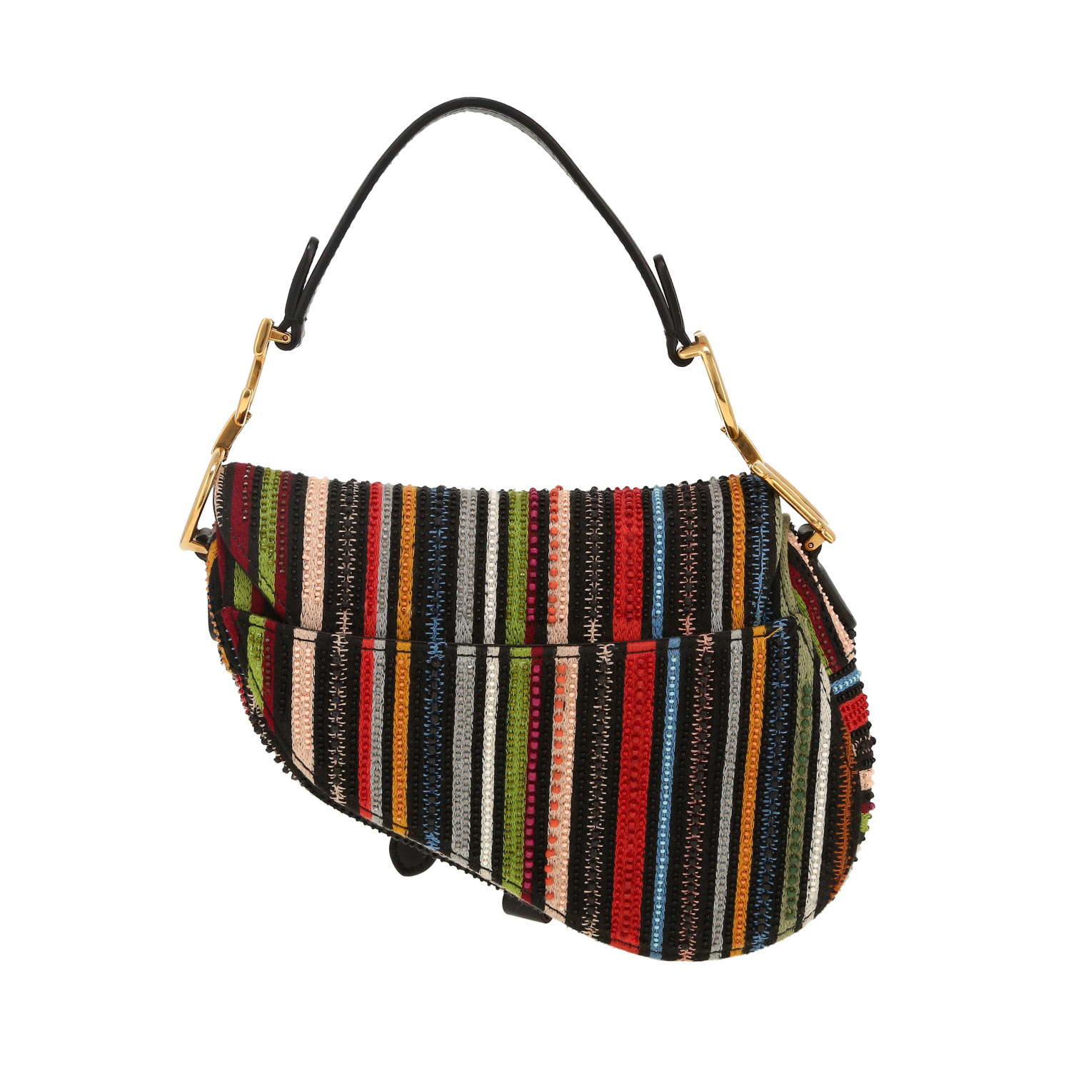 Sac à main Dior Saddle en cuir noir et toile multicolore - Detail D4