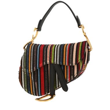 Borsa Dior  Saddle in pelle nera e tela multicolore