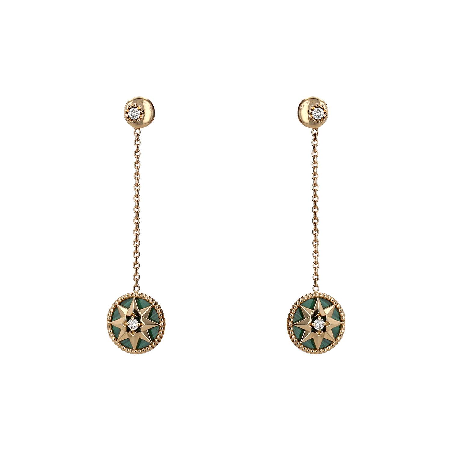 Paire de boucles d'oreilles Dior Rose des vents en or jaune, malachite et diamants