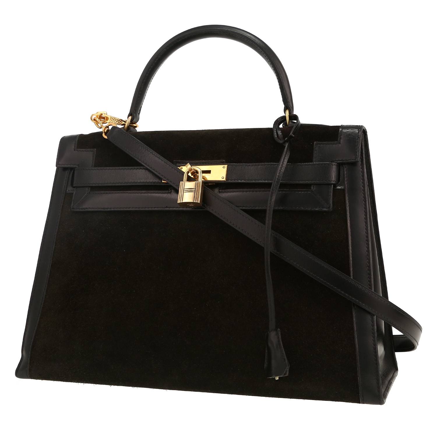 Bolso de mano Hermès  Kelly 32 cm en cuero de ternero doblis negro y cuero negro