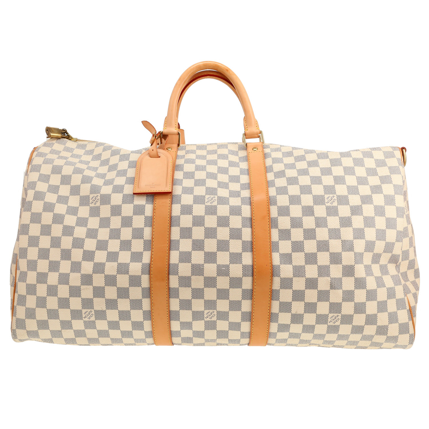 Louis Vuitton  Keepall 55 travel bag  in azur damier canvas  and natural leather - Detail D4