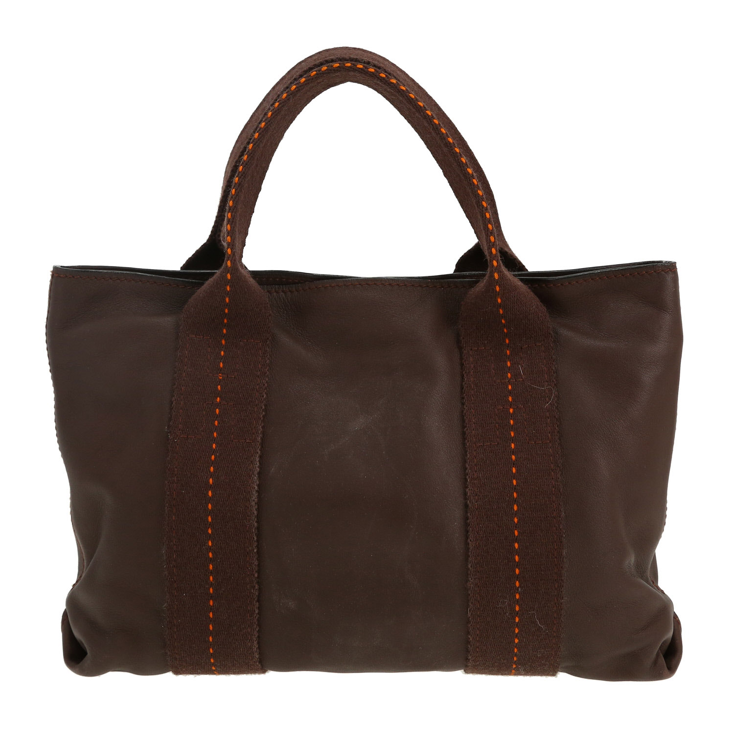 Sac à main Hermès Caravane en cuir Swift marron et toile marron - Detail D4