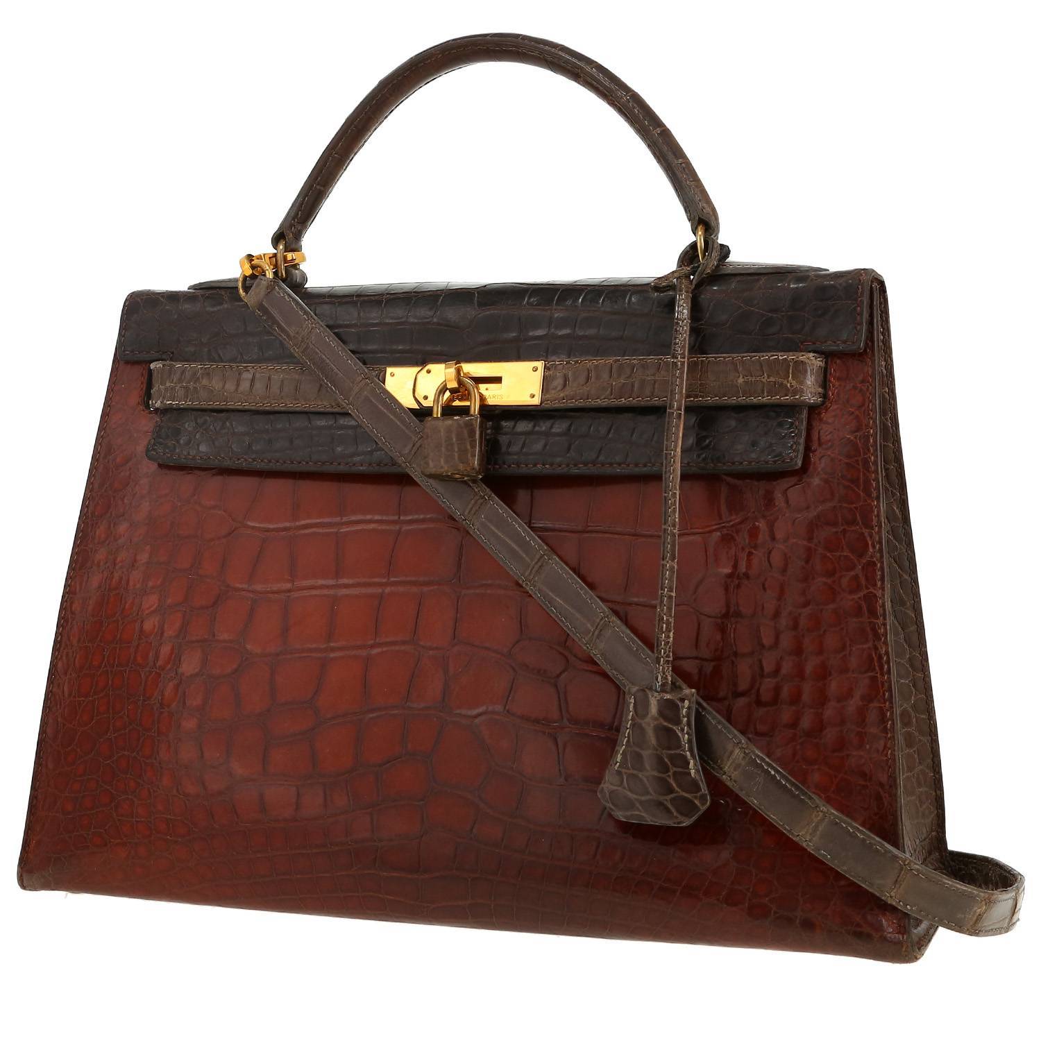 Borsa Hermès  Kelly 32 cm in alligatore tricolore marrone etoupe e color cognac - 00pp