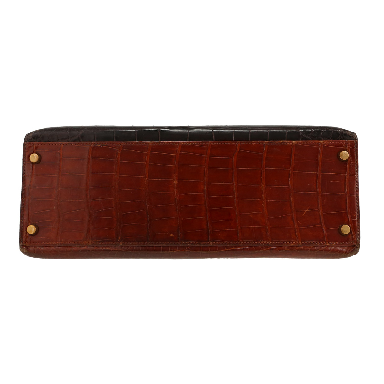 Sac à main Hermès  Kelly 32 cm en alligator tricolore marron étoupe et cognac - Detail D1