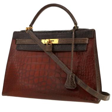 Hermès  Kelly 32 cm handbag  in brown, etoupe and cognac tricolor  alligator