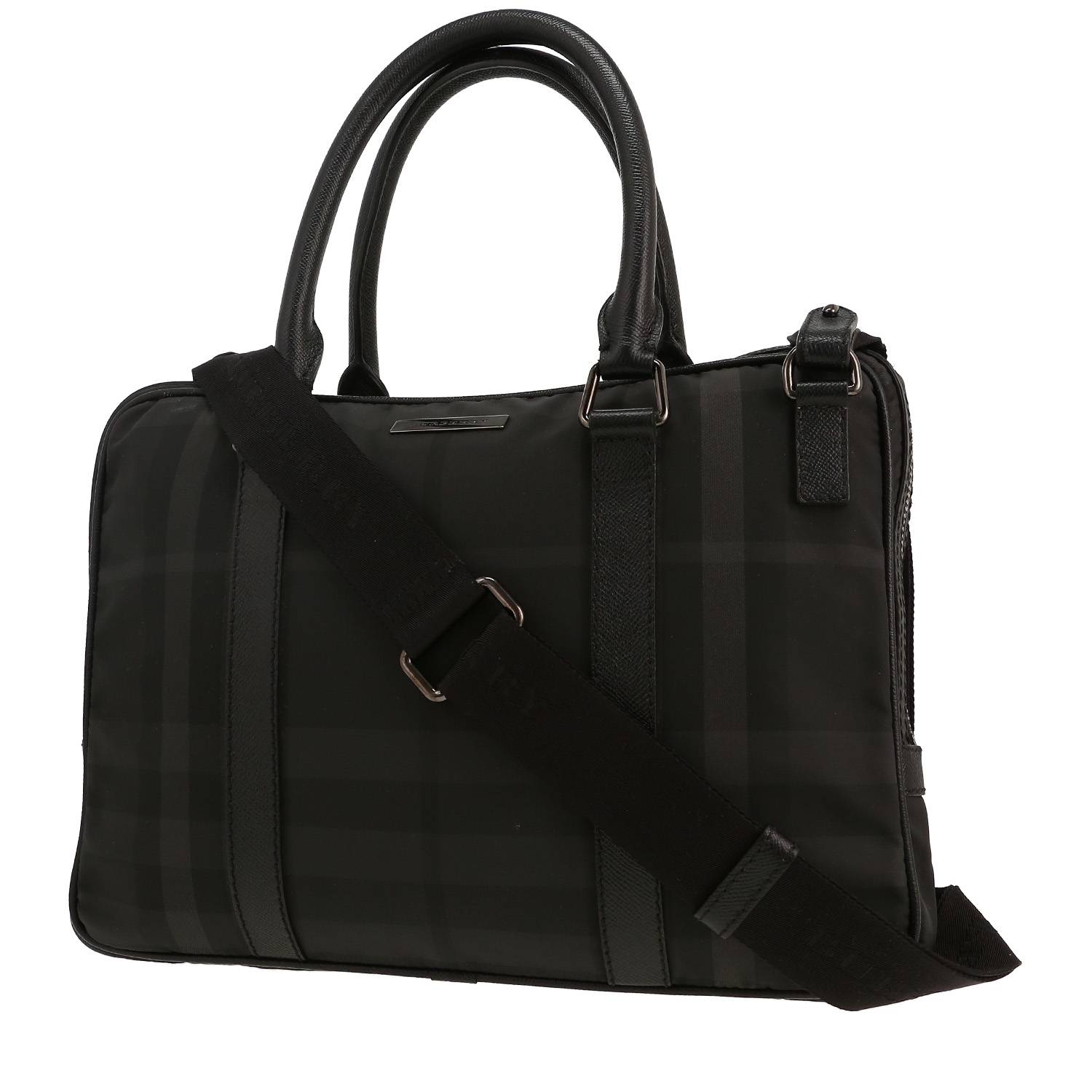 Porta-documentos Burberry   en lona Haymarket negra y gris y cuero negro