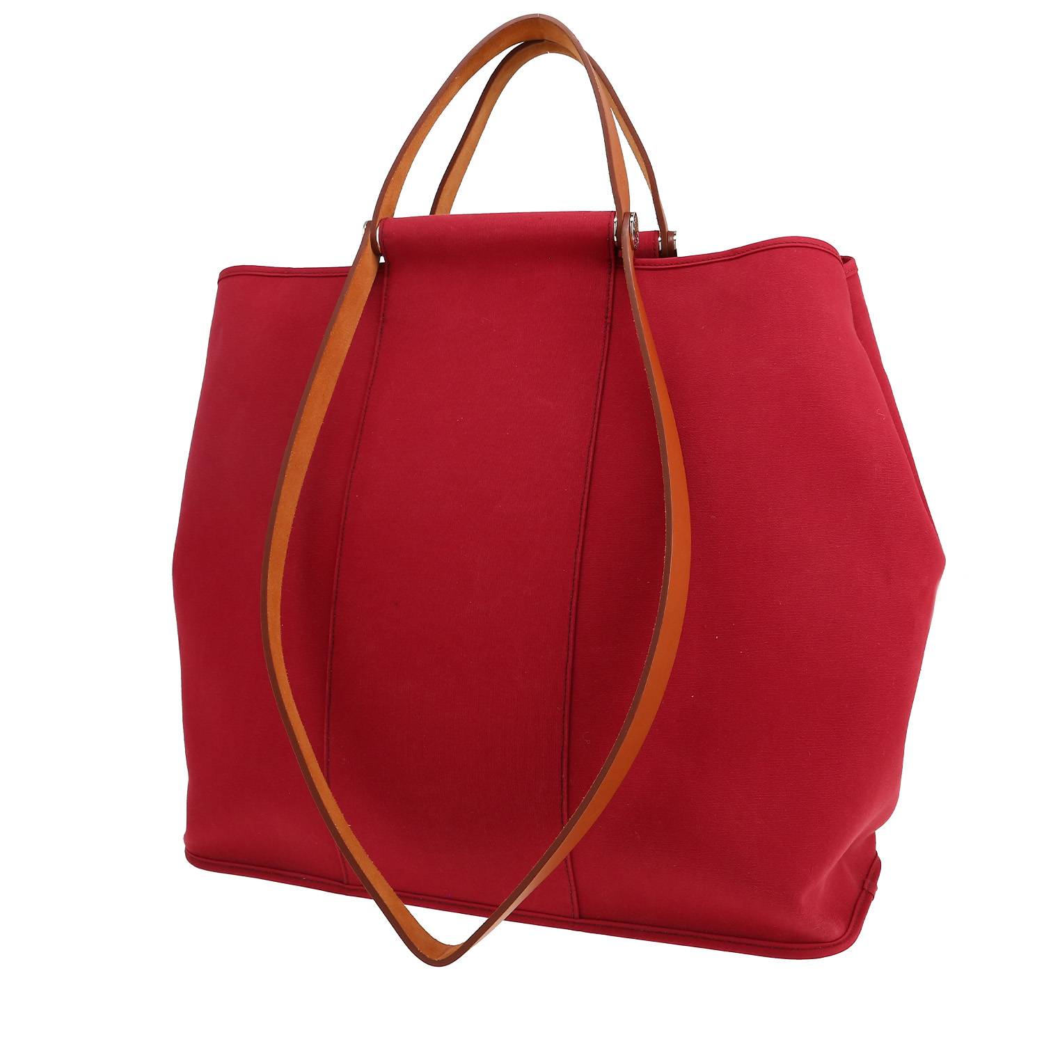 Hermès Cabag shopping bag in red canvas and brown Hunter cowhide