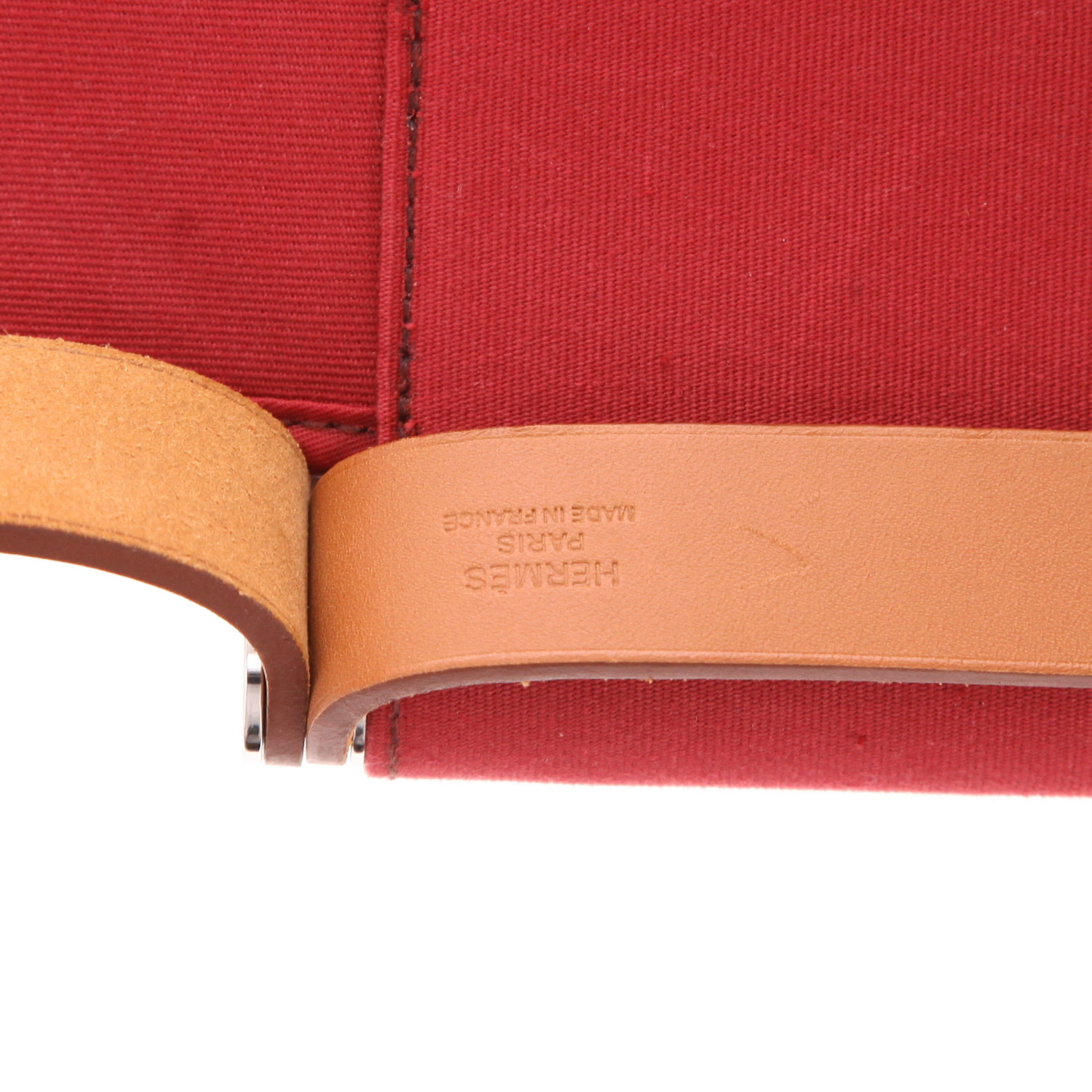 Shopping bag Hermès Cabag in tela rossa e mucca Hunter marrone - Detail D2