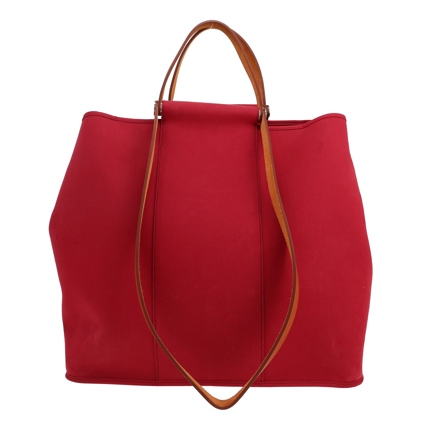 Shopping bag Hermès Cabag in tela rossa e mucca Hunter marrone - Detail D4