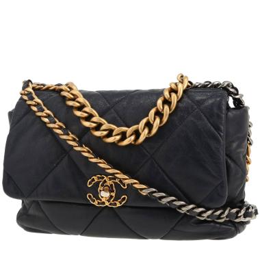 Bolso bandolera Chanel  19 modelo grande  en cuero acolchado azul marino