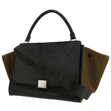Bolso de mano Celine  Trapeze modelo mediano  en piel de potro negra y caqui y cuero negro