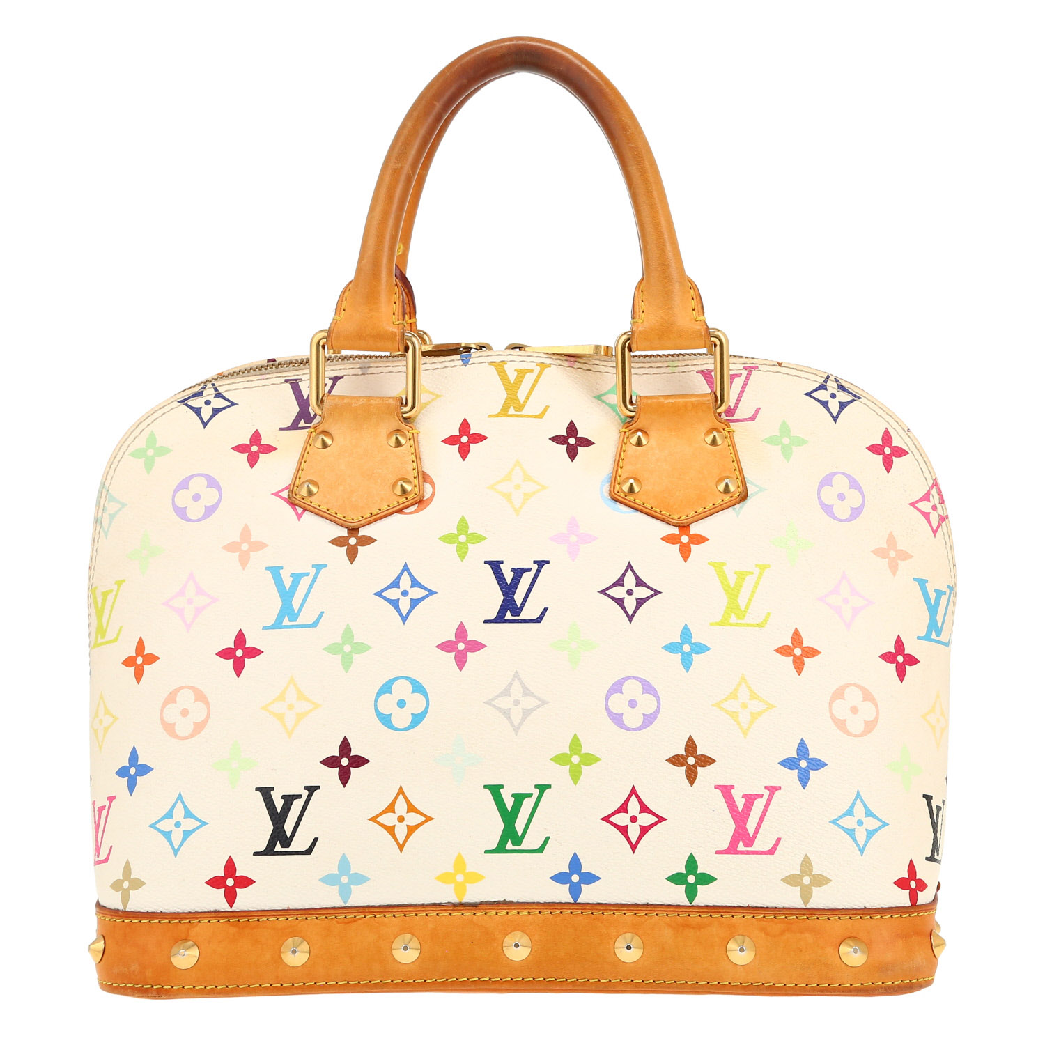 Sac à main Louis Vuitton Alma Editions Limitées en toile monogram multicolore et blanche et cuir naturel - Detail D4