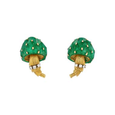 Paire de boucles d'oreilles Vintage  en or jaune 14 carats, émail et diamants