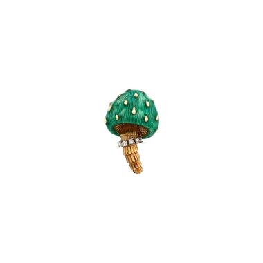 Broche Vintage champignon petit modèle en or jaune 14 carats, émail et diamants