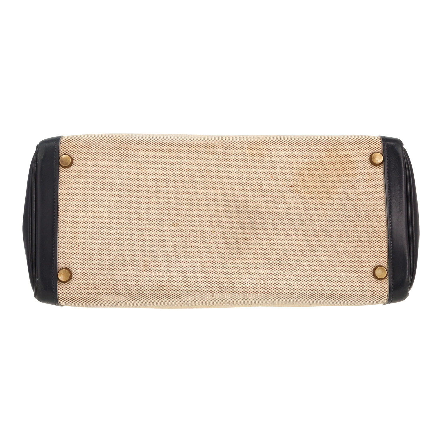 Borsa Hermès  Kelly 28 cm in pelle box blu marino e tela beige - Detail D1