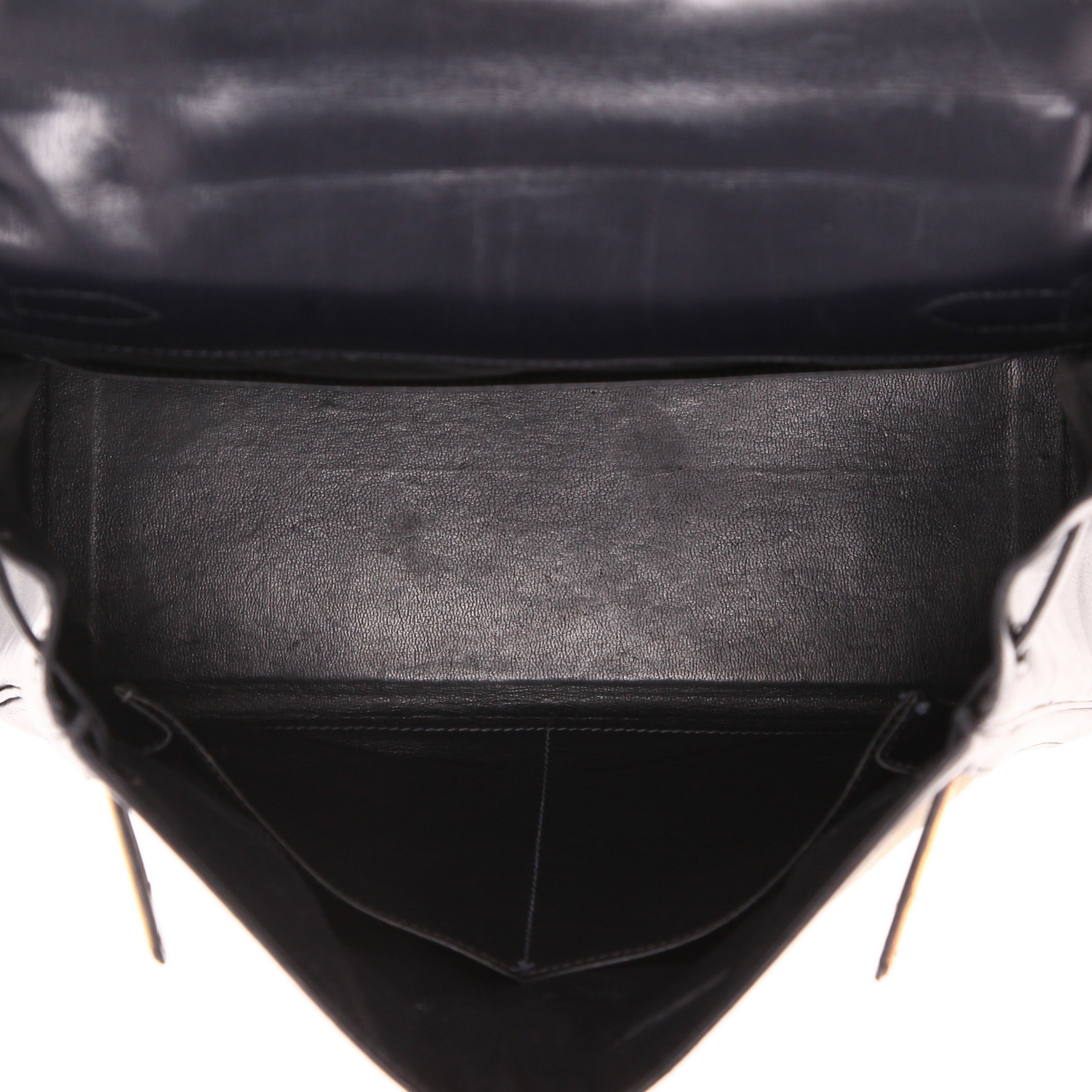 Borsa Hermès  Kelly 28 cm in pelle box blu marino e tela beige - Detail D3