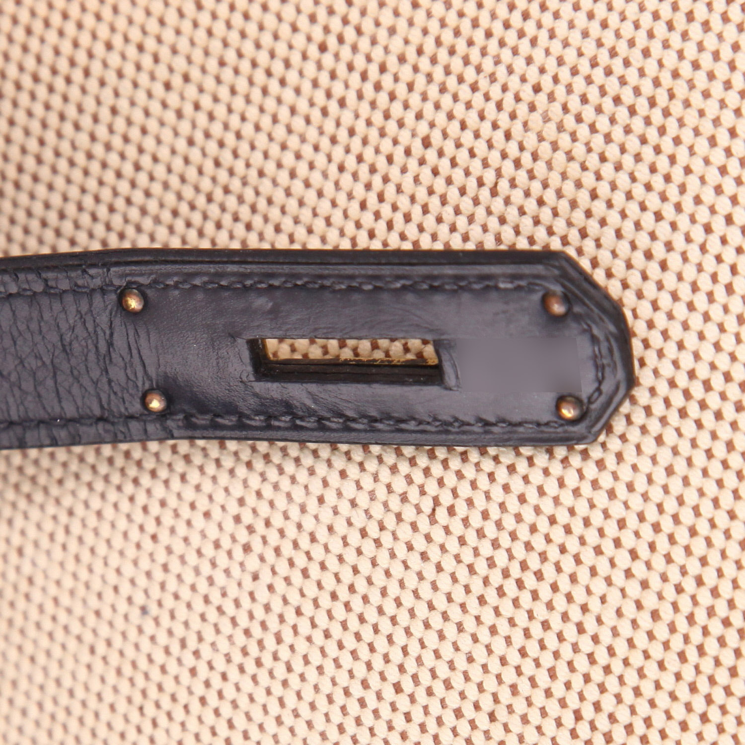 Hermès  Kelly 28 cm handbag  in navy blue box leather  and beige canvas - Detail D4