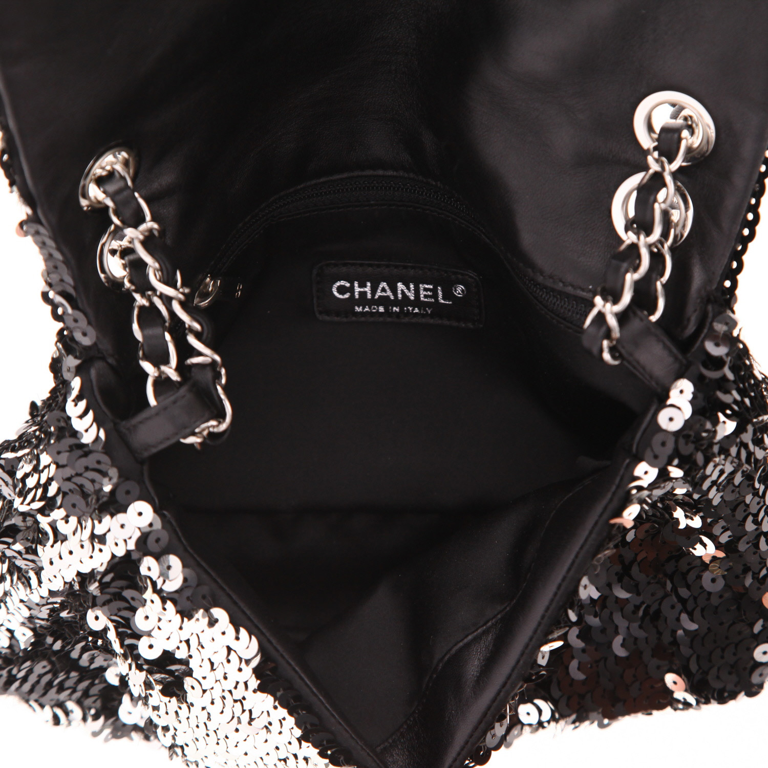 Borsa Chanel  Baguette in paillettes nere e argentate e pelle nera - Detail D3