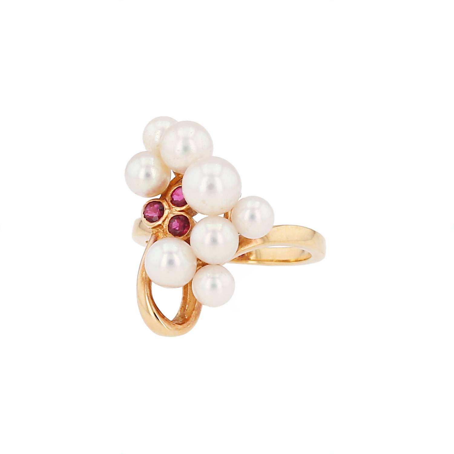 Anello Tasaki  in oro giallo, perle coltivate e rubini