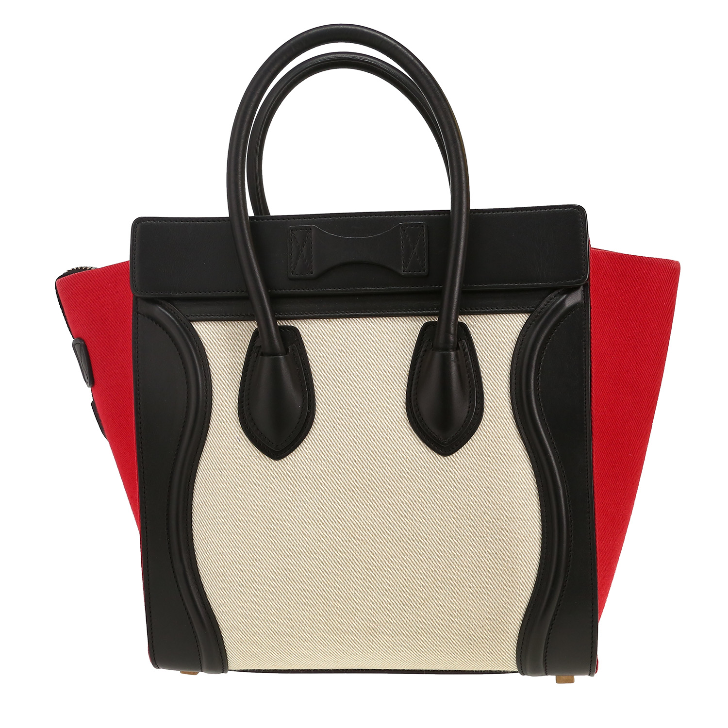 Bolso de mano Celine Luggage Micro en lona beige y roja y cuero negro - Detail D4