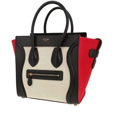 Sac à main Celine  Luggage Micro en toile beige et rouge et cuir noir