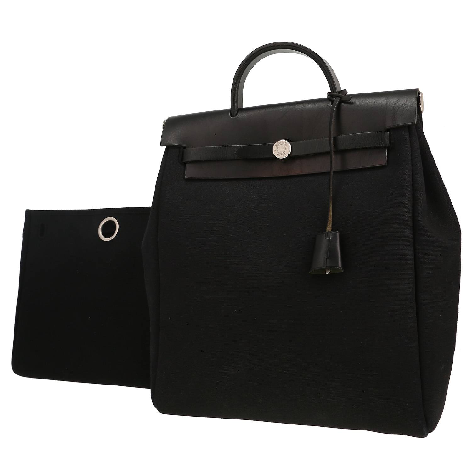 Bolso de mano Hermès  Herbag en lona negra y cuero negro