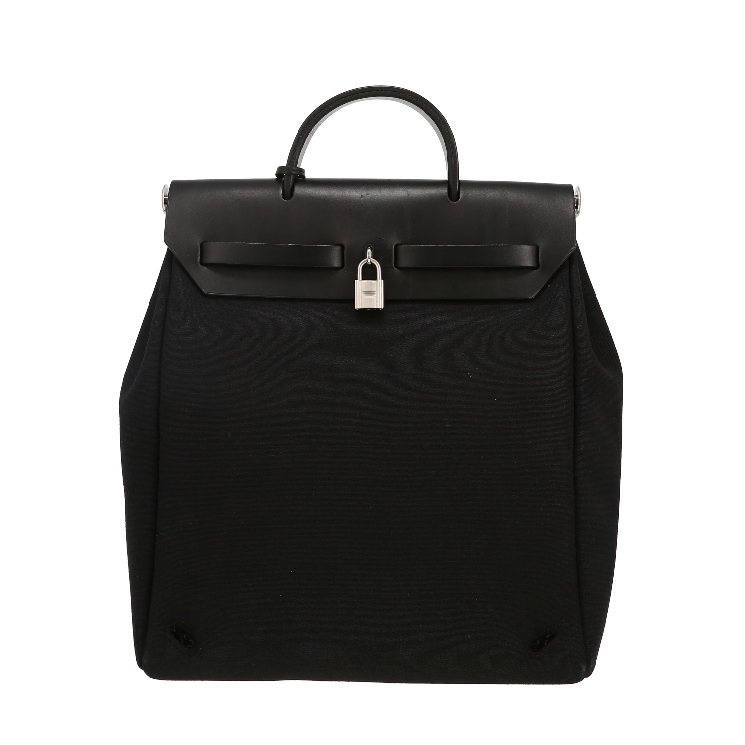 Hermès Herbag handbag in black canvas and black leather - Detail D4