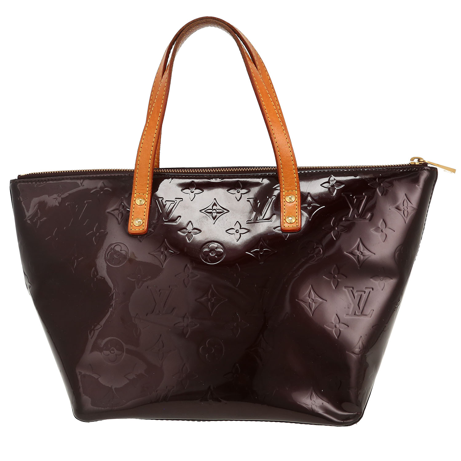 Bolso de mano Louis Vuitton Bellevue modelo pequeño en charol Monogram color burdeos y cuero natural - Detail D4
