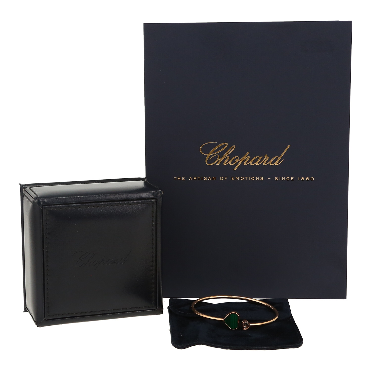 Hald-rigid Chopard Happy Hearts bracelet in pink gold, diamond and malachite