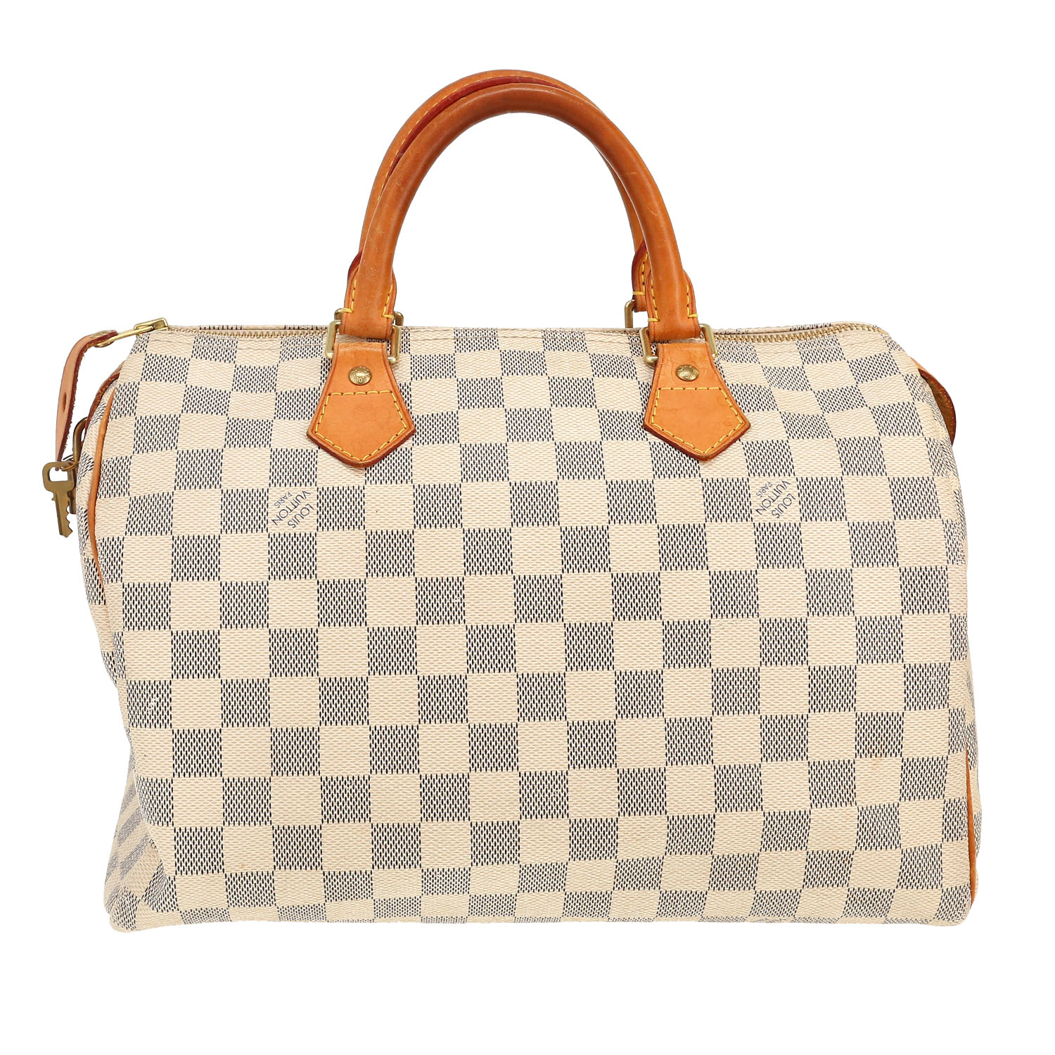 Louis Vuitton  Speedy 30 handbag  in azur damier canvas  and natural leather - Detail D4