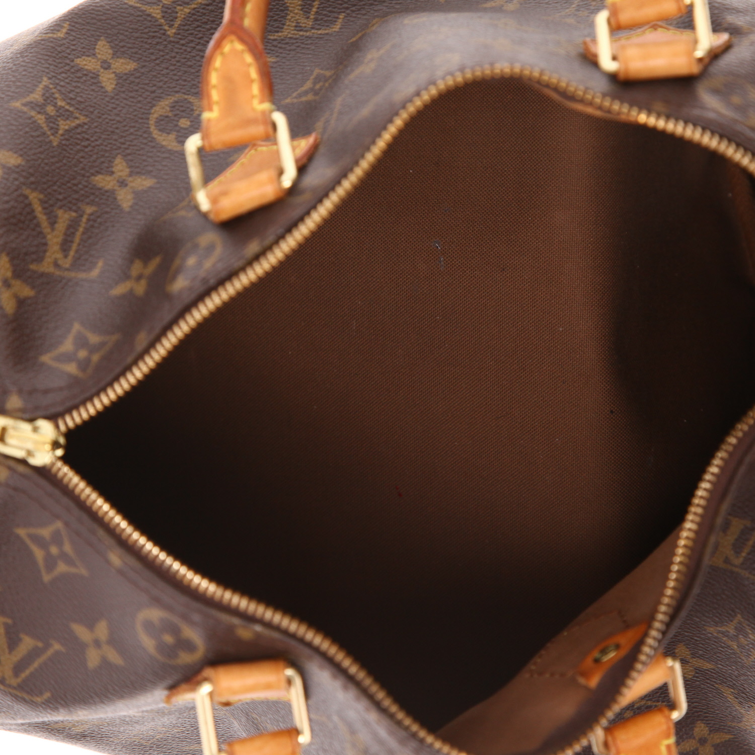 Bolso Louis Vuitton  Speedy 30 en lona Monogram marrón y cuero natural - Detail D3